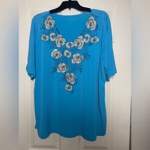 Susan Graver Blue Floral Short Sleeve Blouse Top